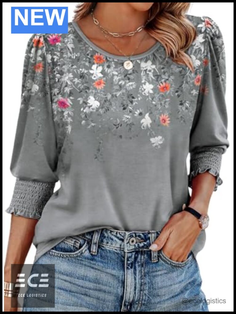 Womens Blouse 3/4 Sleeve Smocked Cuff Dressy Casual Tunic Top